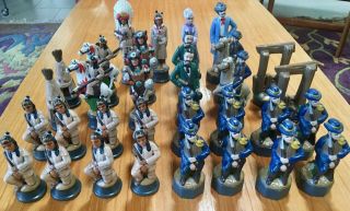 Vintage Atlantic Mold Am Ranch 32 Piece Chess Set Western Native American Indian