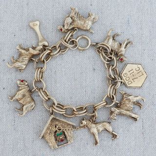 Large Chunky 1950s 1960s Vintage Gold Plate Mixed Breed Dog Charm Bracelet