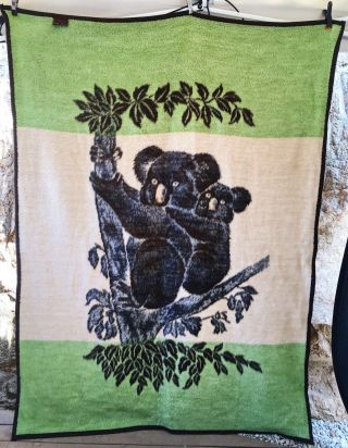 Vintage Acryl Velours Koala Bears Blanket Brown Green Beige 75X55 USA 2