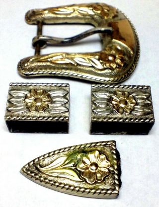 Vintage Sterling Silver & 10k Gold Belt Buckle Signed G.  W.  Flower Floral Design