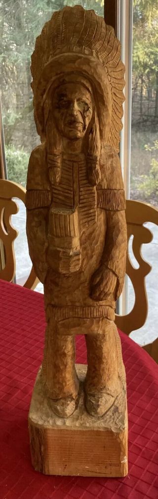 Vintage Solid Hand Carved Cigar Store Wooden Indian Statue Sculpture 26.  5” Tall