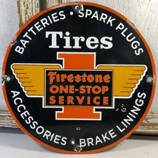 Firestone Tires One Stop Service Batteries Accessories Vintage Porcelain Sign