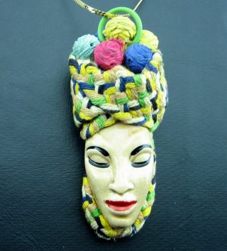 Elzac Vintage Carmen Miranda Woven Yarn Ceramic Painted Face Pin Pendant