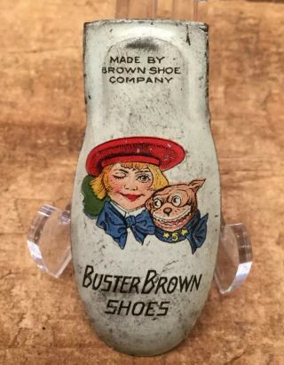 Vintage Buster Brown Shoes Co.  Promo Tin Noise Maker Clicker Advertising Sign