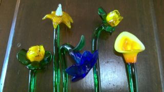 5 Vintage Hand Blown Art Glass Green Stem Flowers " Murano Style " 19 " Long