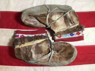 Vintage Native American Indian Fur Boots With Beadwork