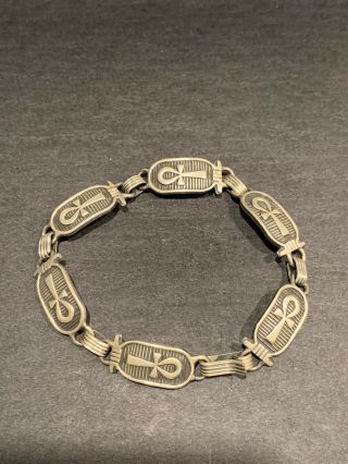 Vintage Egyptian Silver Cartouche Ankh Key Of Life Panel Bracelet