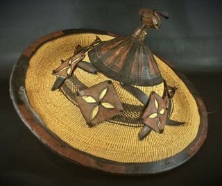 Ancien Vintage Chapeau Dogon Art Africain Cuir Et Paillage Tressé