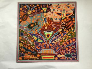 Vintage Huichol Yarn Painting 24 " X 24 " Ca.  1990,  Signed Ceferino Diaz Benitez