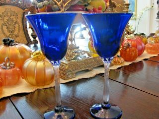 Two Vintage.  Rick Strini Art Glass Goblets: Cobalt Blue/clear Stems,  9 1/2 " Tall