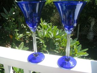 Two Vintage.  RICK STRINI ART GLASS GOBLETS: Cobalt Blue/Clear stems,  9 1/2 