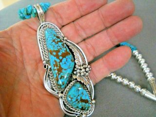 Native American Number 8 Turquoise Stones & Bead Sterling Silver Necklace J