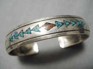 Important Vintage Navajo Turquoise Coral Sterling Silver Bracelet Old