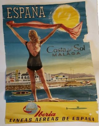 Vintage Iberia Airlines Of Spain Poster 1950s 1960s Costa Del Sol Malaga Espana