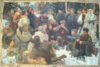 Soviet Huge Vintage Russian Painting " Rest After The Battle " Ussr Oil/canvas