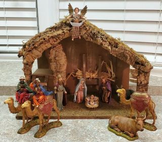 Vintage Sears Nativity Set Wood Stable Italy Landi All 10 Figures 97893