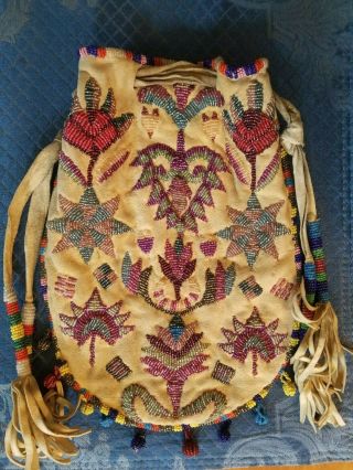 Vintage Native American Sioux Indian Bead Decorated Hide Bag Beaded Pouch