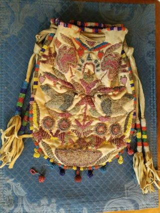 VINTAGE NATIVE AMERICAN SIOUX INDIAN BEAD DECORATED HIDE BAG BEADED POUCH 2