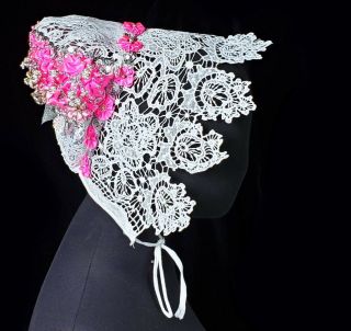 Slovak Folk Costume Lace Headdress White Pink Flowers Wedding Bridal Kroj Cap