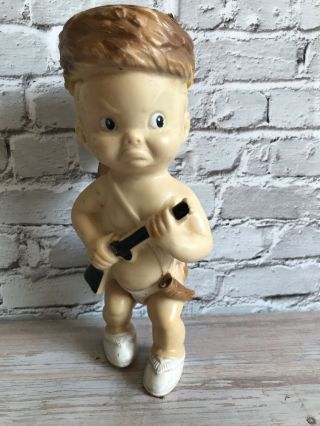 Vintage Baby Davy Crockett Daniel Boone Squeaky Toy Doll Rubber Coon Cap 8”