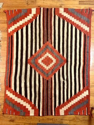 Vintage Navajo ? Rug Red Five Diamond Black White Stripe Gray 48x57 Wool