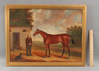 19thc Antique Signed Vv American Folk Art Thoroughbred Horse Man & Dog Painting