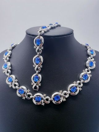 Vintage Signed Trifari Pat Pend Blue Rhinestone Choker Necklace & Bracelet Set