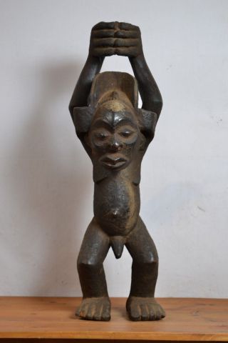 African Tribal Art,  Old Chokwe Flame Bearer Statue From Drc.