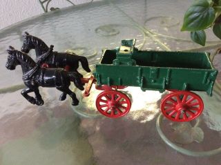 Vintage Cast Iron Green Wagon Red Wheels And Black Horses