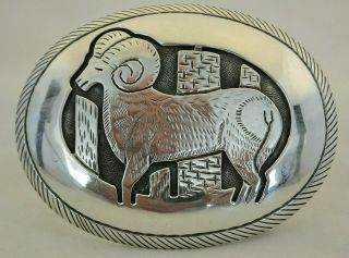 Lg.  Tom Bahe Navajo Concho Belt Buckle " Big Horned Sheep " Sterling Silver A,  Cond