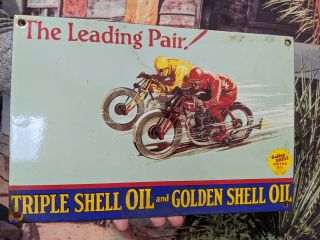 Old Vintage Shell Motorcycle Oil Porcelain Enamel Gas Pump Heavy Metal Sign