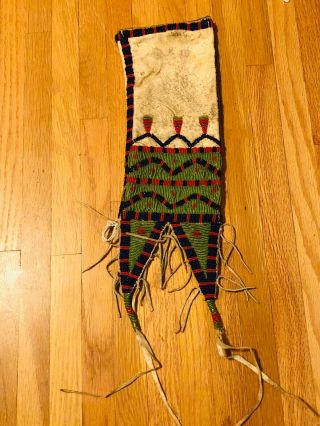 C1900/10 Native American Indian Beaded Tanned Hide Pipe Bag Fringe Tab,  22”