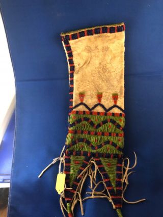 c1900/10 Native American Indian Beaded tanned Hide pipe Bag fringe tab,  22” 4