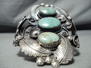 Towering Vintage Navajo Royston Turquoise Sterling Silver Leaves Bracelet