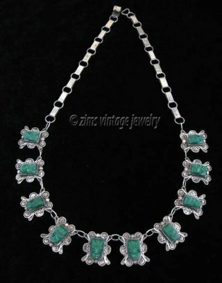 Vintage Old Mexican Sterling Silver Filigree Green Onyx Mask Fringe Necklace