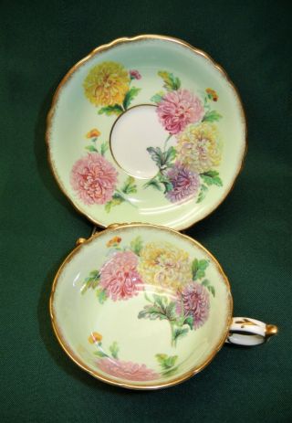 Vintage Paragon Green Cup & Saucer With Crysanthemums - Double Warrant