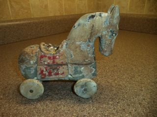 Vintage Primitive Antique Wood Toy Horse On Wheels Handmade Chippy Paint 1900 