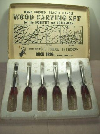 1950 ' s BUCK BROS.  WOOD CARVING TOOLS SIX PIECE BASIC SET No.  300 VINTAGE CHISELS 2