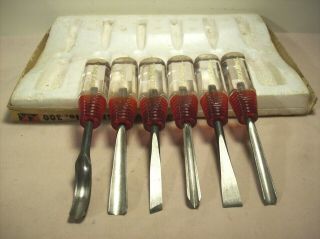 1950 ' s BUCK BROS.  WOOD CARVING TOOLS SIX PIECE BASIC SET No.  300 VINTAGE CHISELS 3