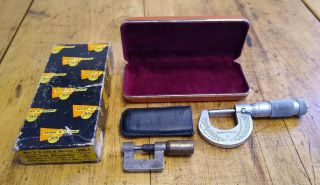 Brown & Sharpe No.  1 Slant Line Micrometer 599 - 1,  0 - 1 " X 0001 " W Case Vintage