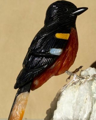 American Redstart Warbler of Obsidian and Calcite 6 1/4 