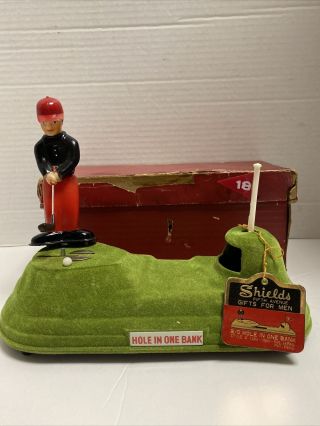 Vintage 1960s Japan Battery Operated Hole In One Golf Bank Shields 5th Ave.  Wbox