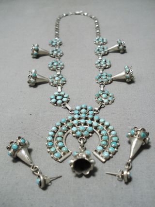 Bernard Bowekaty Vintage Zuni Turquoise Squash Blossom Necklace Sterling Silver