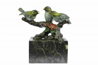 Colorful Finches 3 Birds Bronze Figurine Sculpture On Marble Base 8 " X 8 "