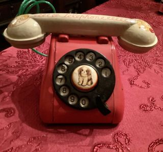 Vintage 1950’s Asahitoy Japan Red Metal Childs Rotary Dial Telephone -