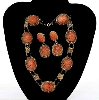 Chinese Gilt Silver Filigree Agate Carnelian Carved Carving Necklace Earrings
