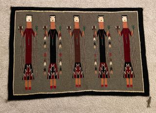 Authentic Native American Navajo Yei Hand Made Wool Vintage Rug 5 Ladies Corn