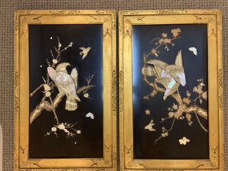 Large Pair Chinese Black Lacquer Mother Of Pearl Panels Framed Signed 1900