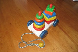 Vintage Sifo Wood Toddler Stacking Rings Toy Pull String Toy Wheels Baby Sorter