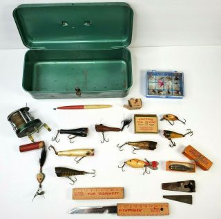 Vtg Small Metal Fishing Tackle Box Full Wooden Lures Johnson Heddon Reel Knife
